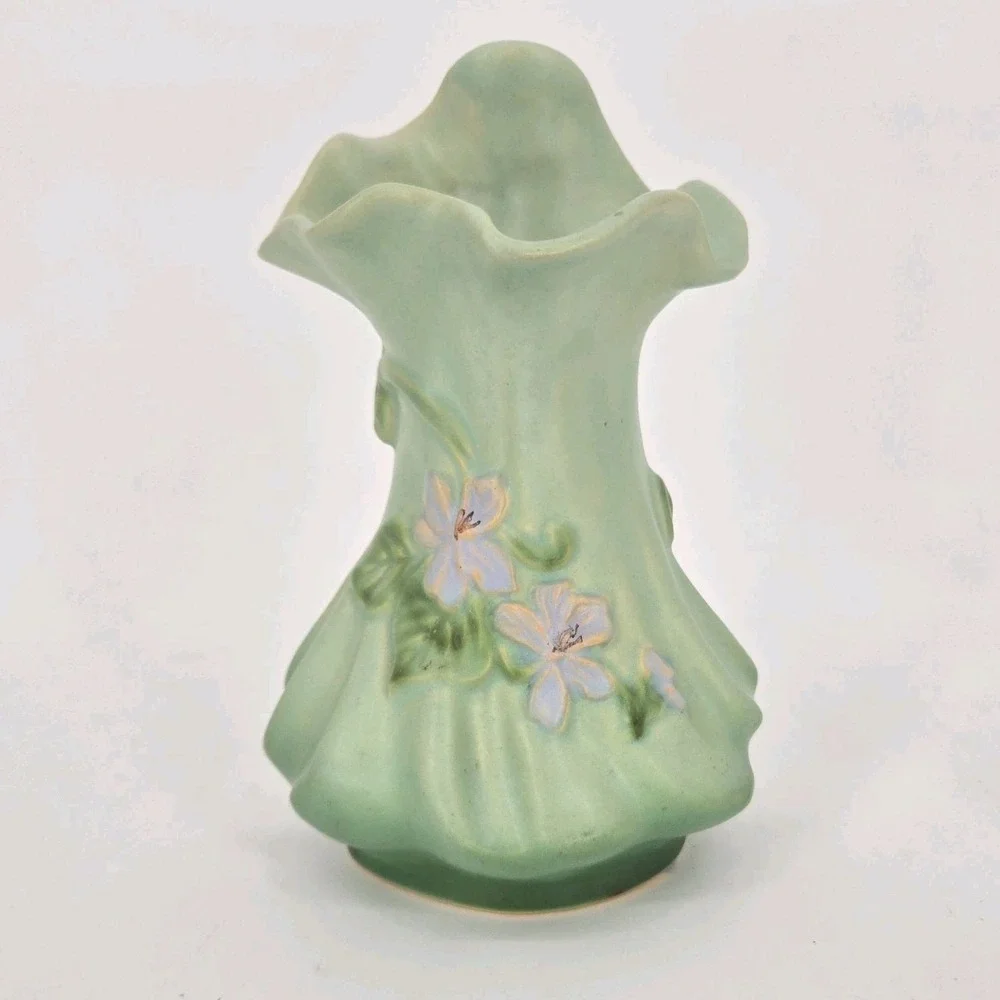 Vintage Weller Gloria G-22 Vase Matte Green Floral Ruffled Rim 1930s 8 Inches OH
